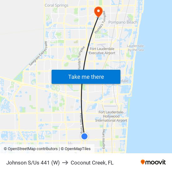 Johnson S/Us 441 (W) to Coconut Creek, FL map