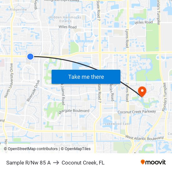 Sample R/Nw 85 A to Coconut Creek, FL map