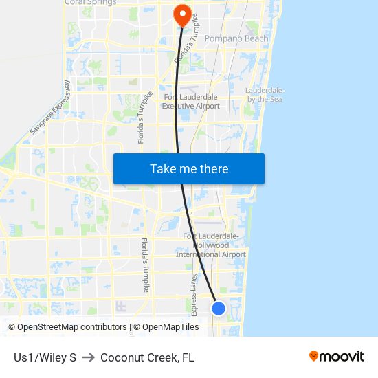 Us1/Wiley S to Coconut Creek, FL map