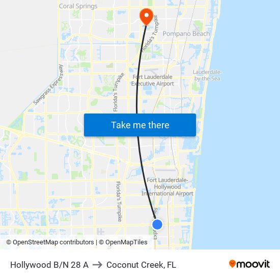 Hollywood B/N 28 A to Coconut Creek, FL map