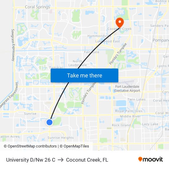 University D/Nw 26 C to Coconut Creek, FL map