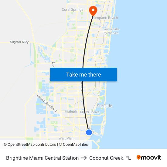 Brightline Miami Central Station to Coconut Creek, FL map