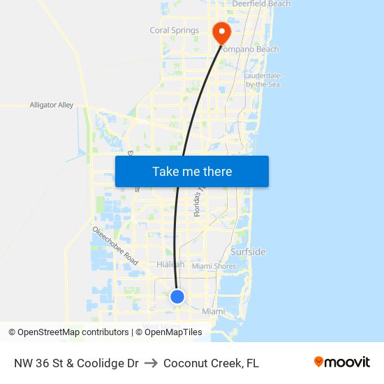 NW 36 St & Coolidge Dr to Coconut Creek, FL map