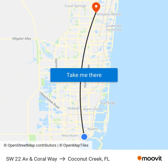 SW 22 Av & Coral Way to Coconut Creek, FL map