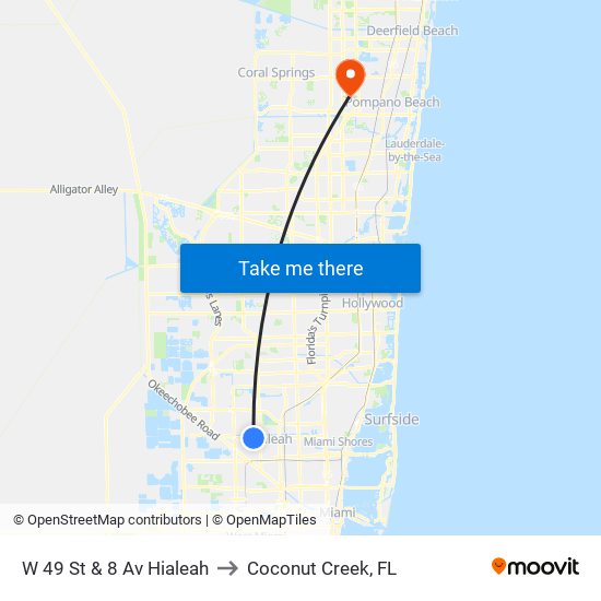 W 49 St & 8 Av Hialeah to Coconut Creek, FL map