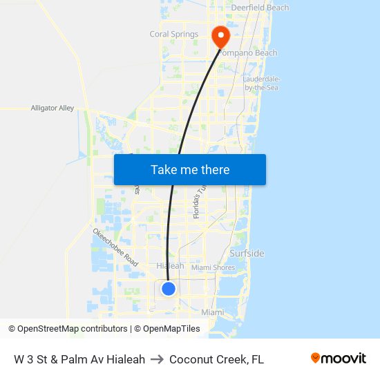 W 3 St & Palm Av Hialeah to Coconut Creek, FL map