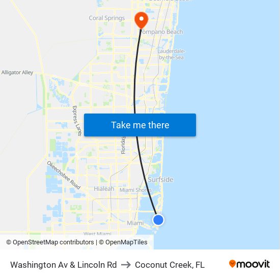 Washington Av & Lincoln Rd to Coconut Creek, FL map