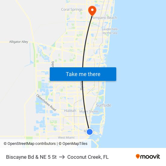 Biscayne Bd & NE 5 St to Coconut Creek, FL map