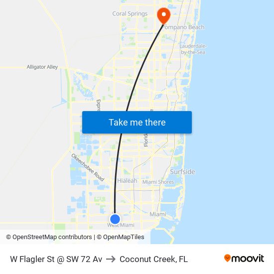 W Flagler St @ SW 72 Av to Coconut Creek, FL map