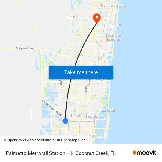 Palmetto Metrorail Station to Coconut Creek, FL map