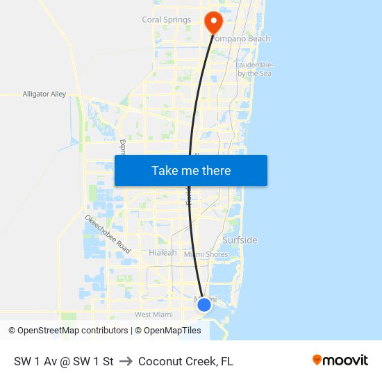 SW 1 Av @ SW 1 St to Coconut Creek, FL map