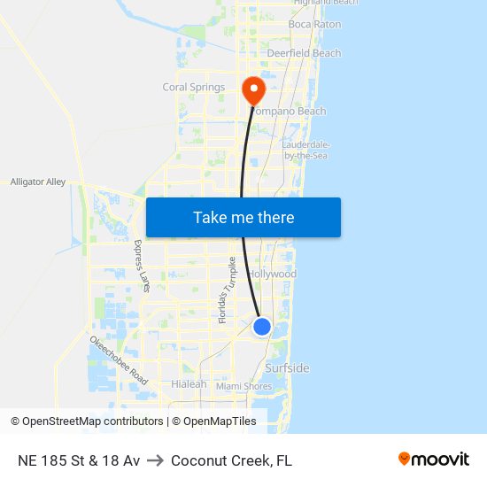 NE 185 St & 18 Av to Coconut Creek, FL map