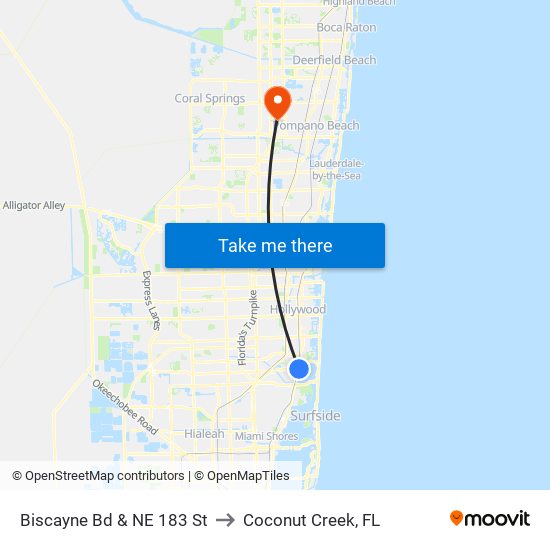 Biscayne Bd & NE 183 St to Coconut Creek, FL map
