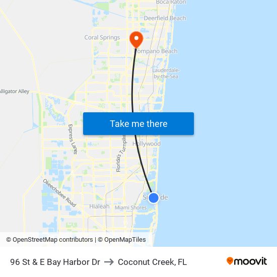 96 St & E Bay Harbor Dr to Coconut Creek, FL map