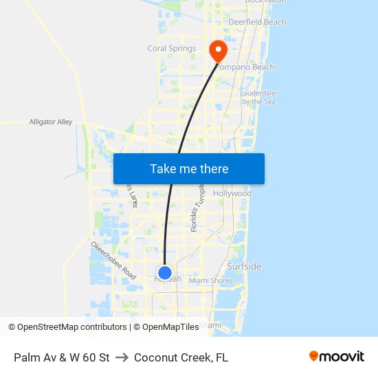 Palm Av & W 60 St to Coconut Creek, FL map