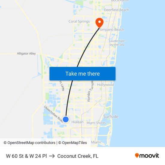 W 60 St & W 24 Pl to Coconut Creek, FL map