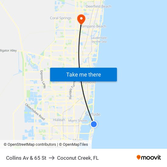 Collins Av & 65 St to Coconut Creek, FL map
