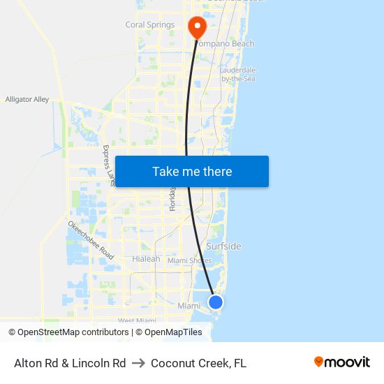 Alton Rd & Lincoln Rd to Coconut Creek, FL map