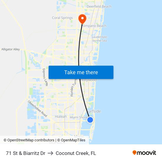71 St & Biarritz Dr to Coconut Creek, FL map