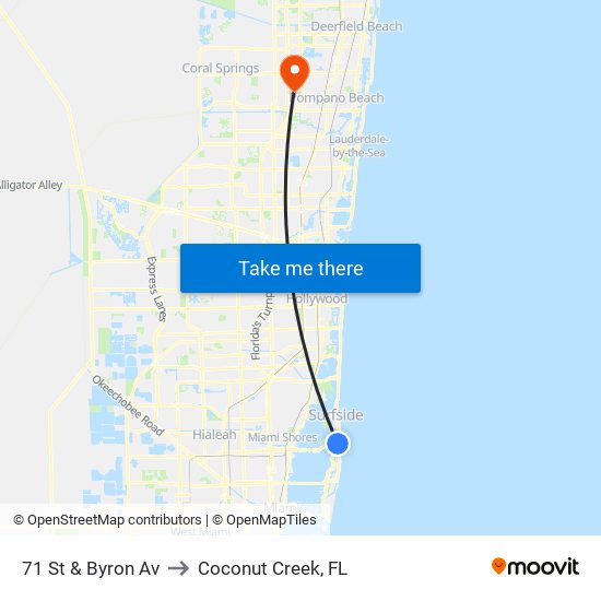 71 St & Byron Av to Coconut Creek, FL map
