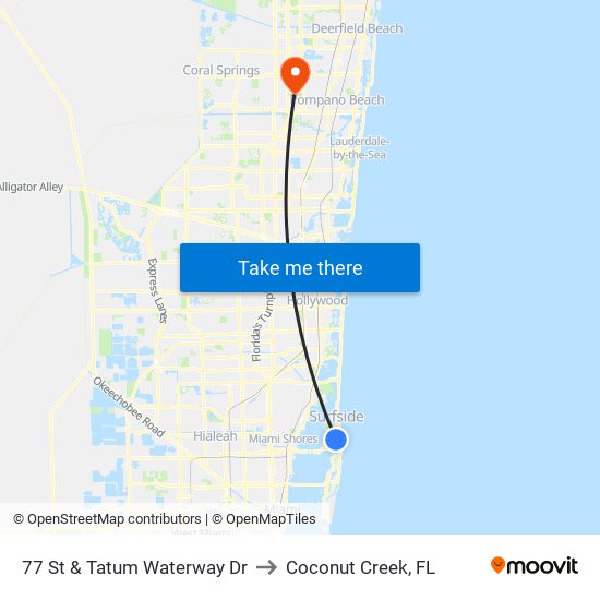 77 St & Tatum Waterway Dr to Coconut Creek, FL map