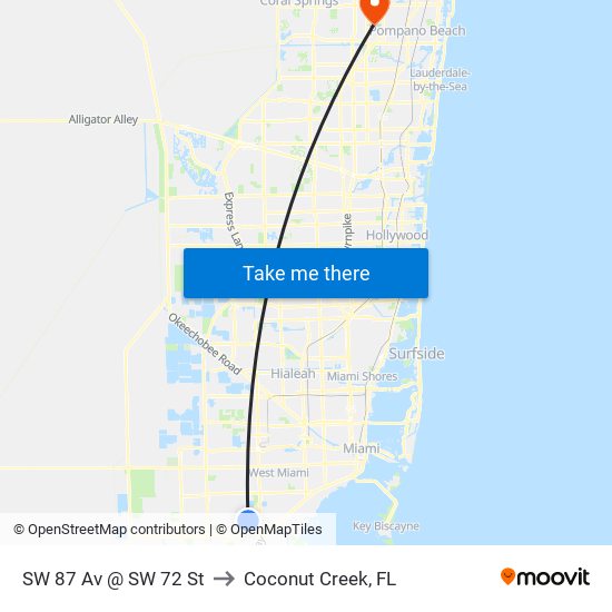 SW 87 Av @ SW 72 St to Coconut Creek, FL map