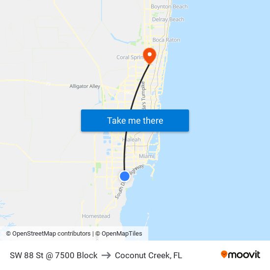 SW 88 St @ 7500 Block to Coconut Creek, FL map