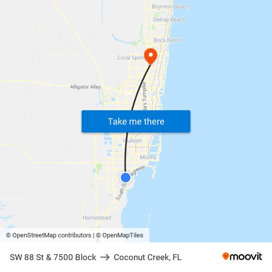 SW 88 St & 7500 Block to Coconut Creek, FL map