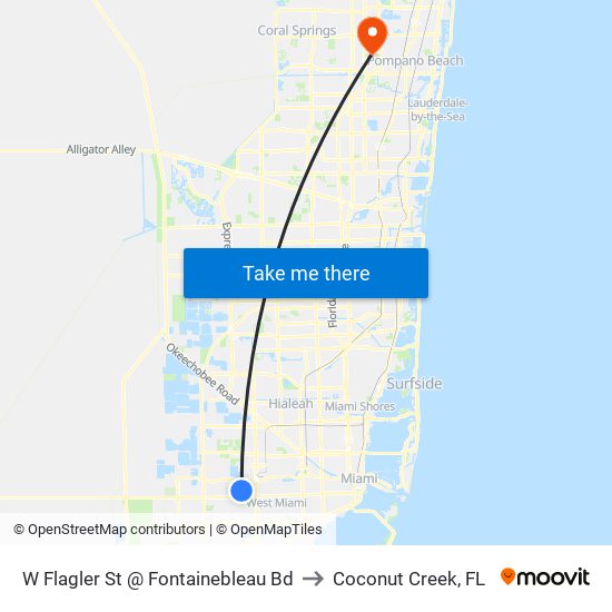 W Flagler St @ Fontainebleau Bd to Coconut Creek, FL map