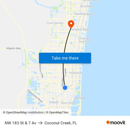 NW 183 St & 7 Av to Coconut Creek, FL map