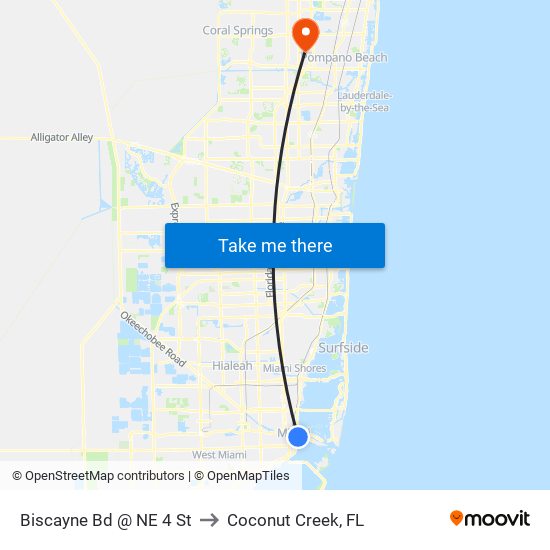 Biscayne Bd @ NE 4 St to Coconut Creek, FL map