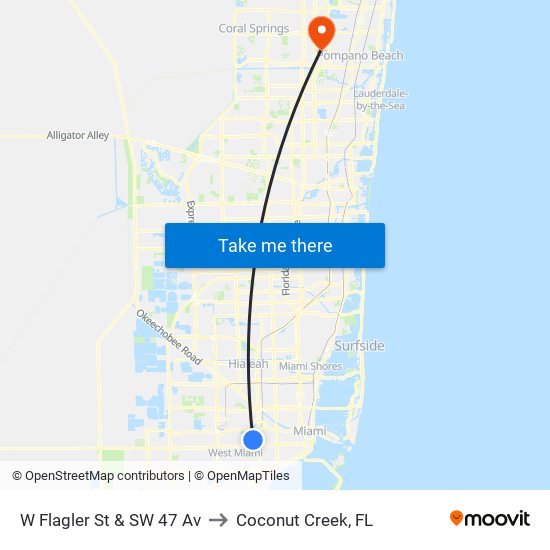 W Flagler St & SW 47 Av to Coconut Creek, FL map