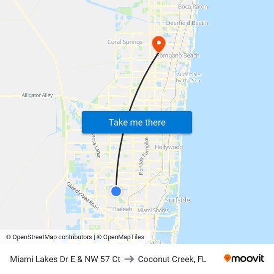 Miami Lakes Dr E & NW 57 Ct to Coconut Creek, FL map