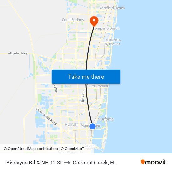 Biscayne Bd & NE 91 St to Coconut Creek, FL map