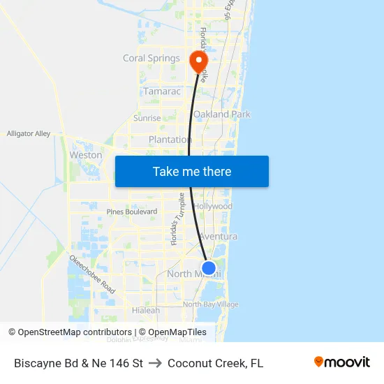 Biscayne Bd & Ne 146 St to Coconut Creek, FL map