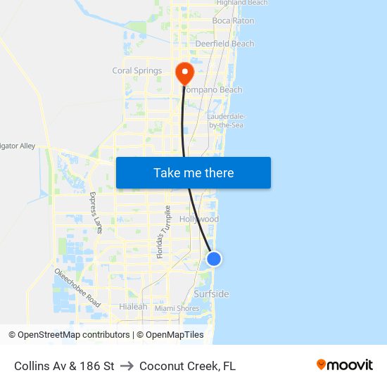 Collins Av & 186 St to Coconut Creek, FL map