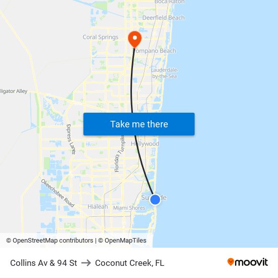 Collins Av & 94 St to Coconut Creek, FL map