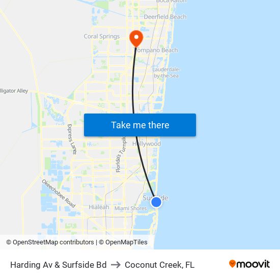 Harding Av & Surfside Bd to Coconut Creek, FL map