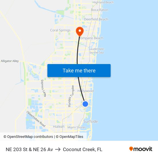 NE 203 St & NE 26 Av to Coconut Creek, FL map