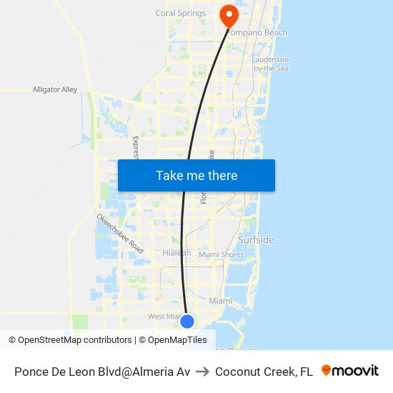 Ponce De Leon Blvd@Almeria Av to Coconut Creek, FL map