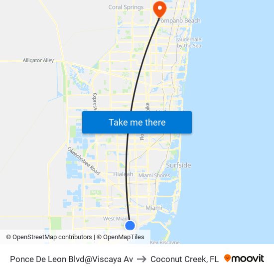 Ponce De Leon Blvd@Viscaya Av to Coconut Creek, FL map