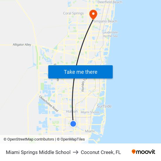Miami Springs Middle School to Coconut Creek, FL map