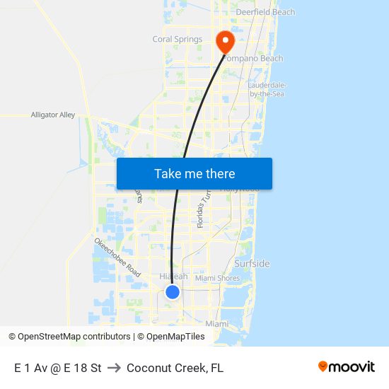 E 1 Av @ E 18 St to Coconut Creek, FL map