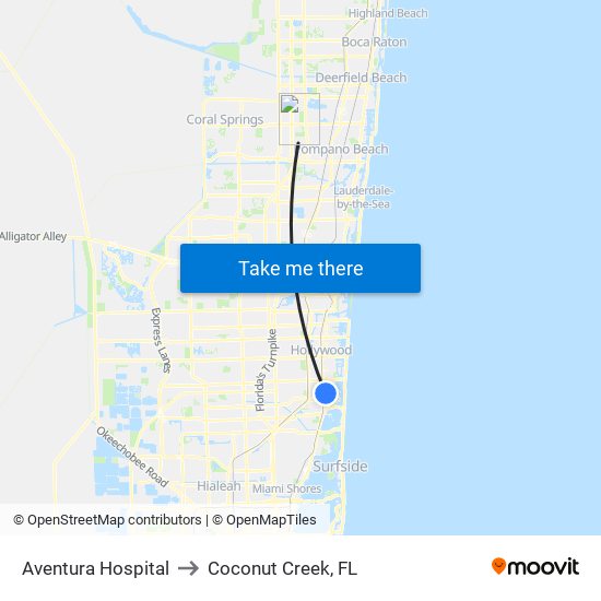 Aventura Hospital to Coconut Creek, FL map