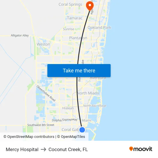 Mercy Hospital to Coconut Creek, FL map