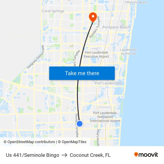 Us 441/Seminole Bingo to Coconut Creek, FL map