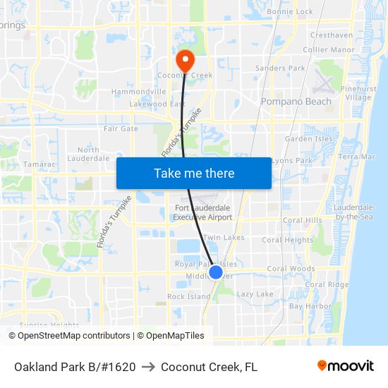 Oakland Park B/#1620 to Coconut Creek, FL map