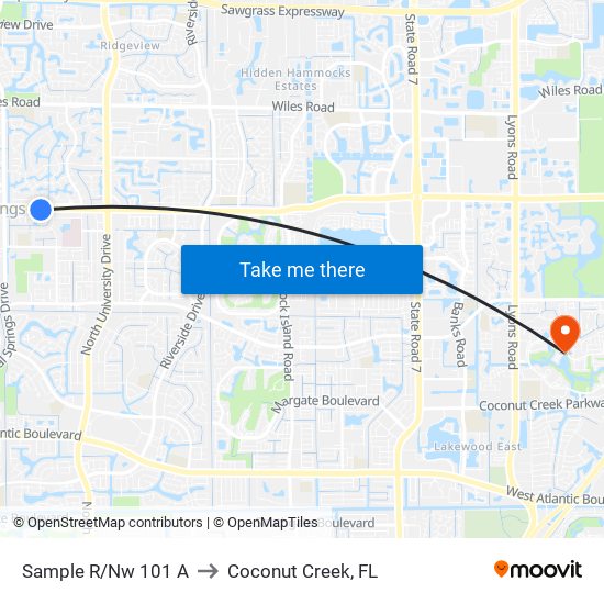 Sample R/Nw 101 A to Coconut Creek, FL map