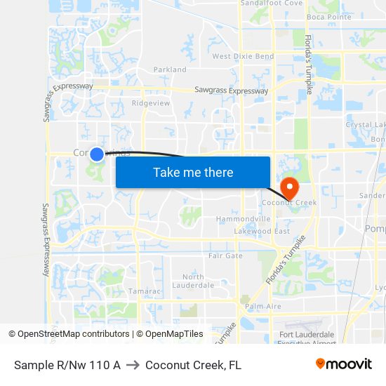 Sample R/Nw 110 A to Coconut Creek, FL map