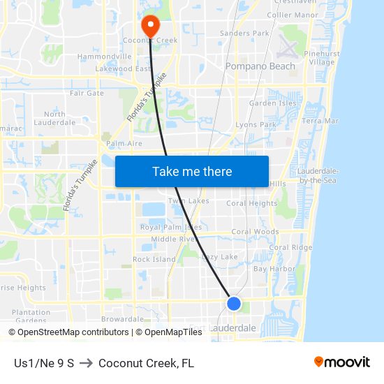 Us1/Ne 9 S to Coconut Creek, FL map